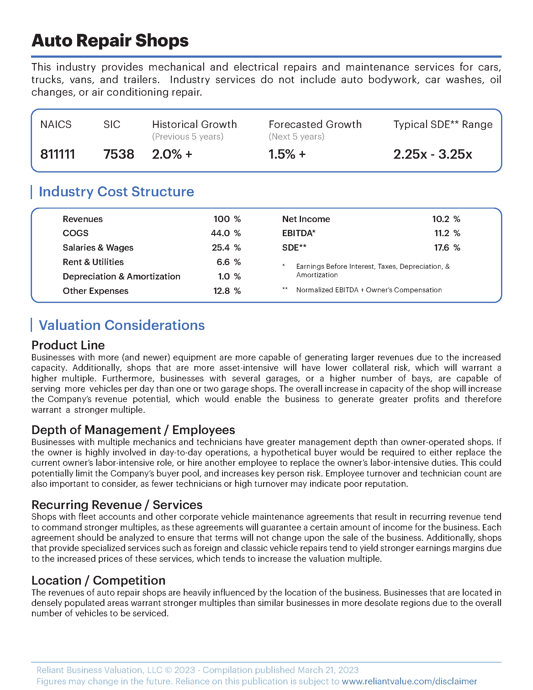 Auto Repair Shops - Reliant Business Valuation